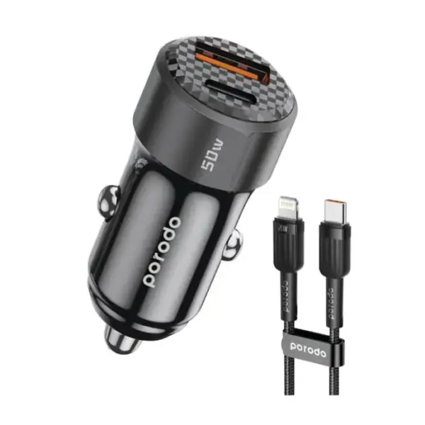 PORODO 50W DUAL PORT CAR CHARGER | USB-C TO LIGHTNING CABLE INCLUDED